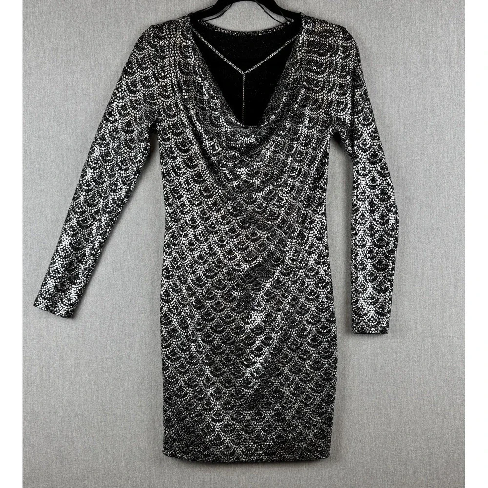 Michael Kors Black‎ Silver Scallop Glitter Lame Cowl Back Chain Dress Medium